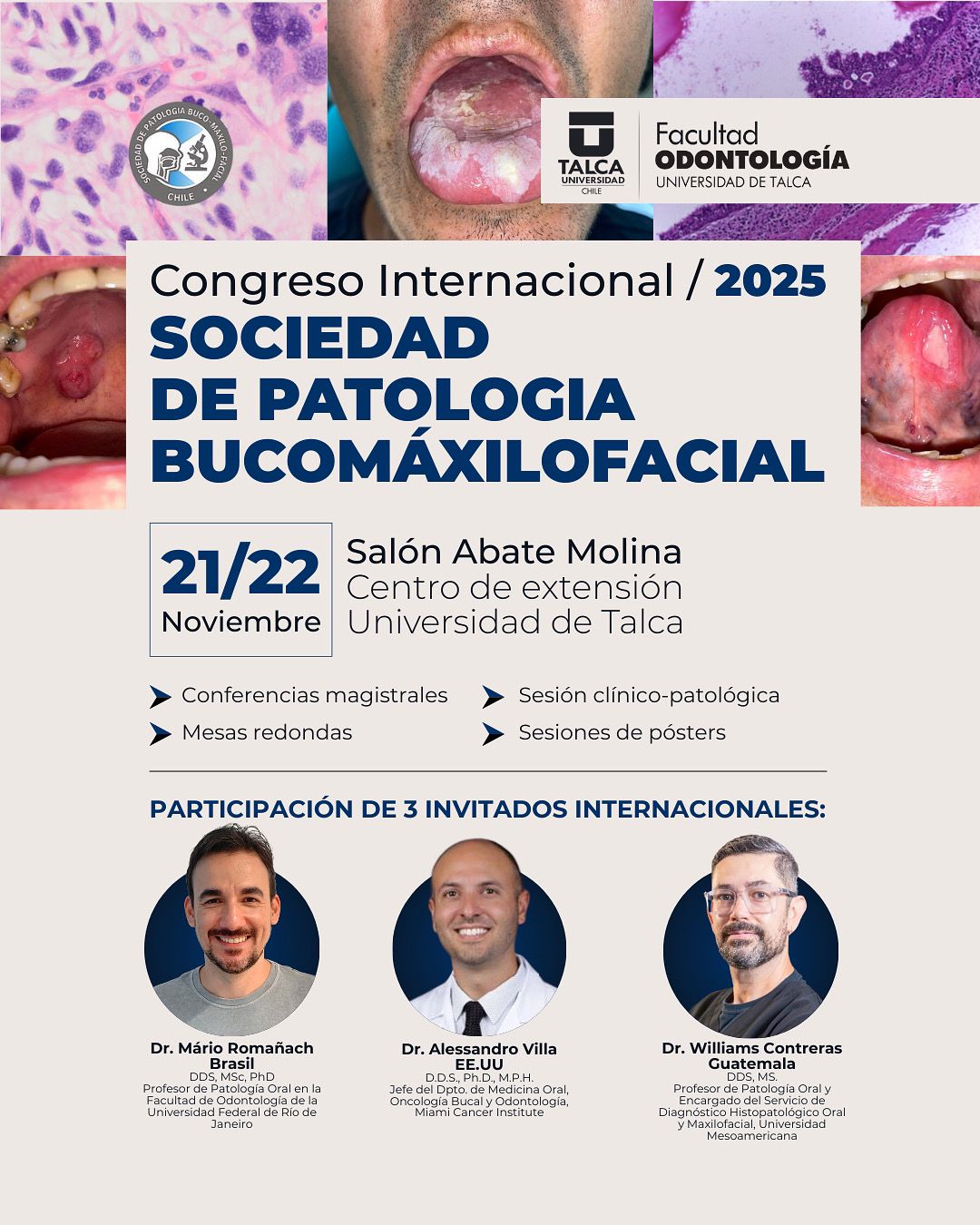 Afiche Patrocinio institucional para el Congreso Internacional de la Sociedad Chilena de Patologa Buco maxilofacial 21 y 22 de noviembre de 2025 